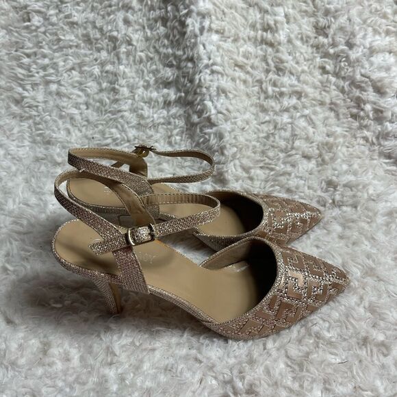 Delicacy"Jayda" Rose Gold Glittery Ankle Strap Pointed Toe  Heels Size 10 - Picture 1 of 9